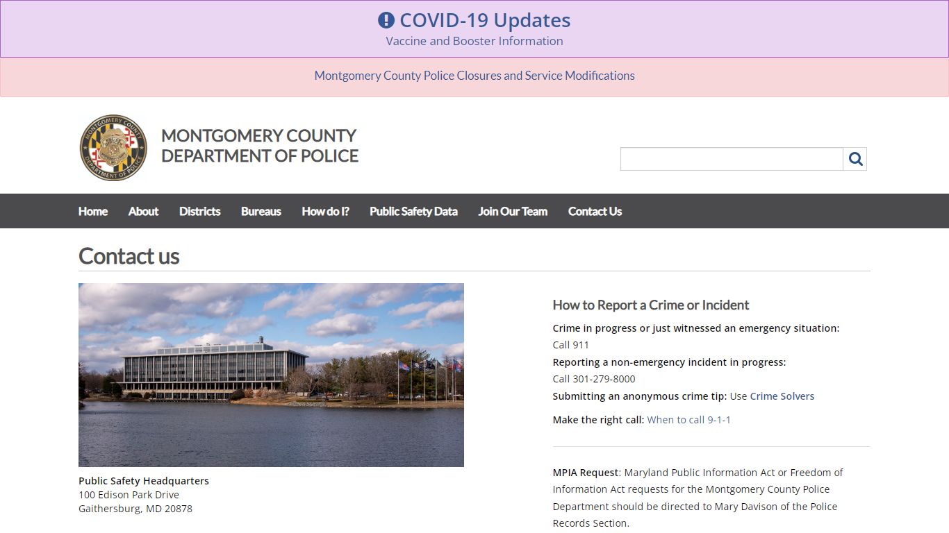 Contact Us page, Department of Police,Montgomery County, MD